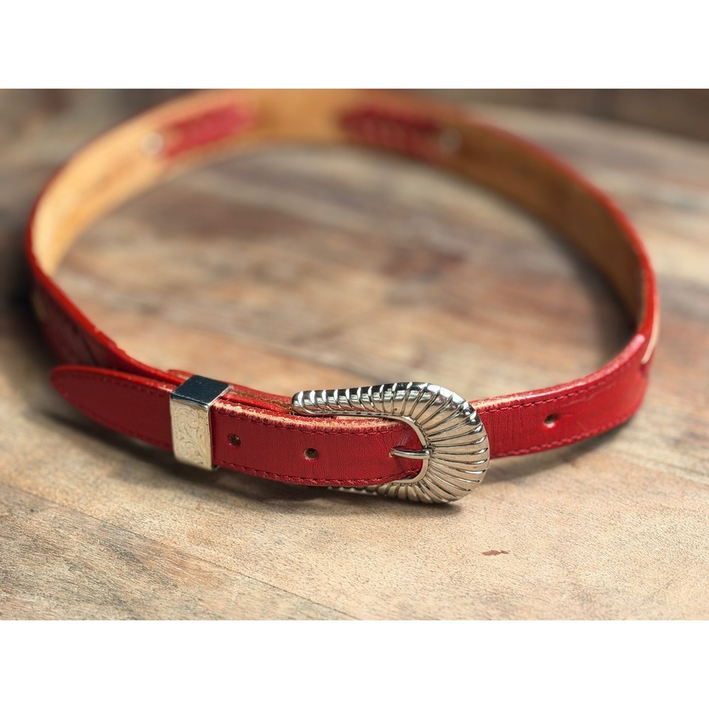 Vintage Red Leather Western Belt Size 28 Laced Cowgirl Gold Accent Buckle